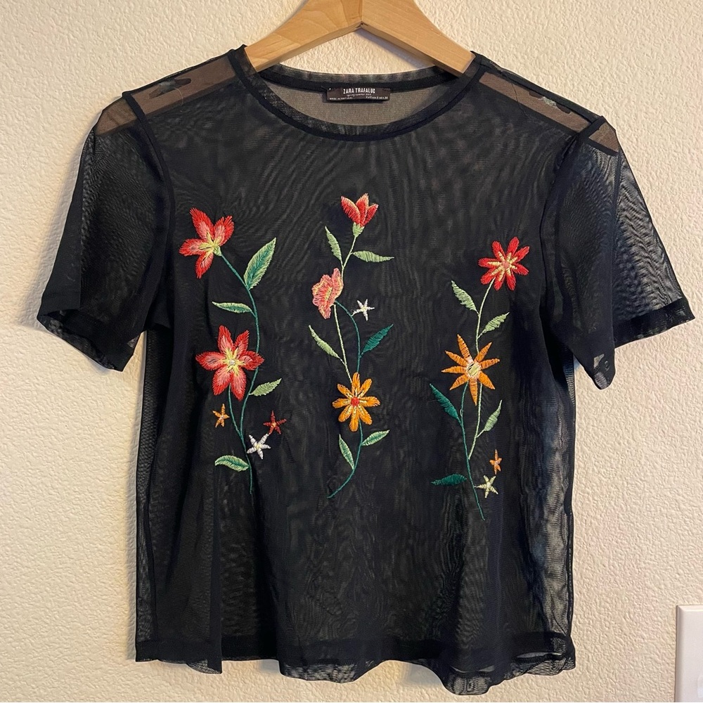 Zara Black Mesh Top with Colorful Floral Embroidery Size Small